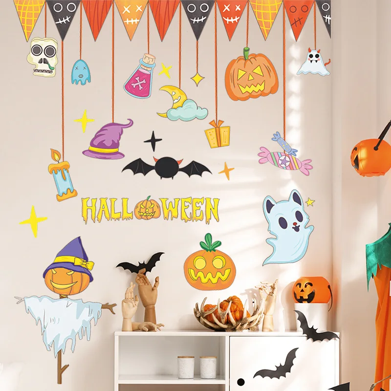 

Cartoon Halloween Day Party Pumpkin Banner Scarecrow Glass Window Wall Stickers Home Decoration Wall Decor Home Accessories