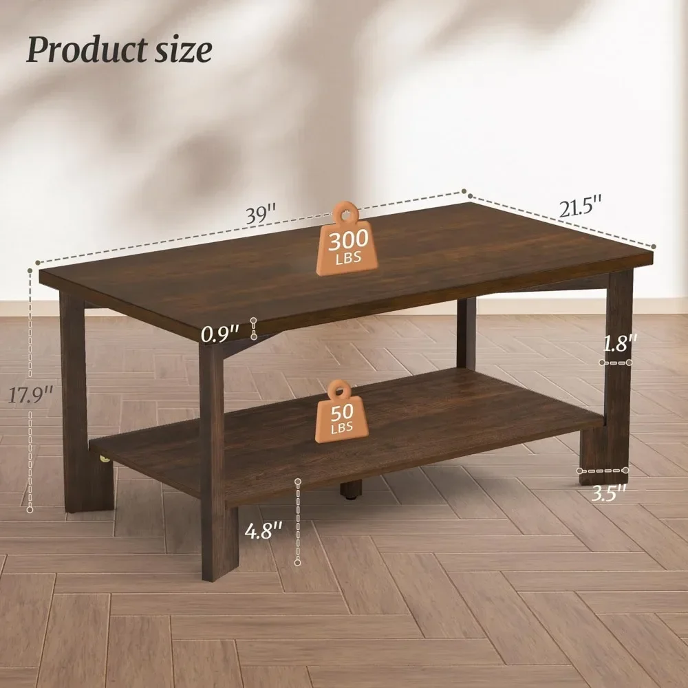Walnut Coffee Table,Mid Century Modern 39" Rectangle Dark Walnut Coffee Table with Storage Shelves Wooden Accent Center Tea Tabl