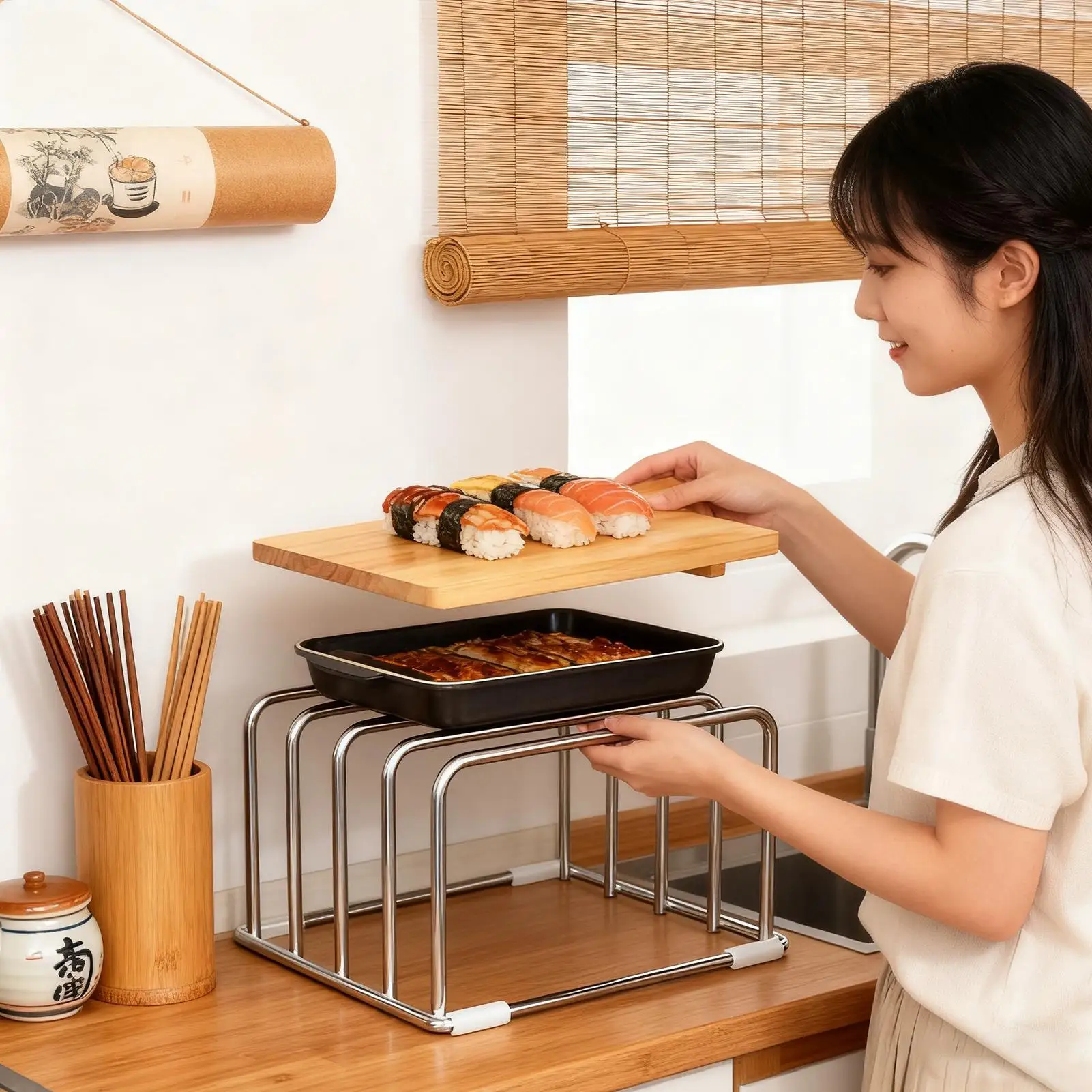 Organizzatore da Cucina Sospeso, Supporto per Tagliere, Gancio per Asciugamani e Stracci da Cucina, Porta Tagliere e Coperchio per Pentole, Scaffale Portaoggetti - immagine 3