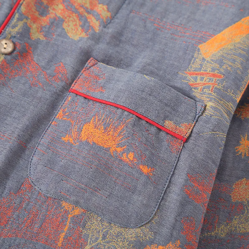 Cotton Gauze Yarn Dyed Landscape Printed Men's Sleepwear Clothes for Spring and Autumn Long Sleeved Loose Oversized Home Suit - 3
