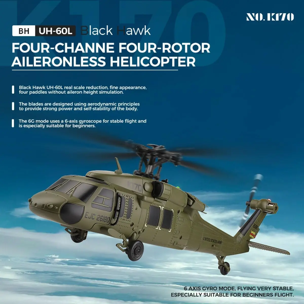 WLtoys K170 RC 헬리콥터 (자이로 탑재) UH-60L 2.4Ghz 4채널 6축 자이로스코프 RC 비행기 브러시리스 모터 LED 조명 포함 어린이용 RC 장난감