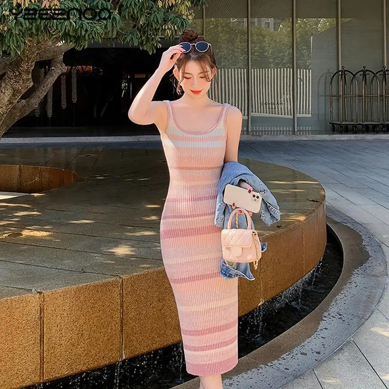

Rainbow Striped Tank Midi Dress Women Sleeveless Knitted Slim Dresses Holiday Daily Spring Summer Autumn