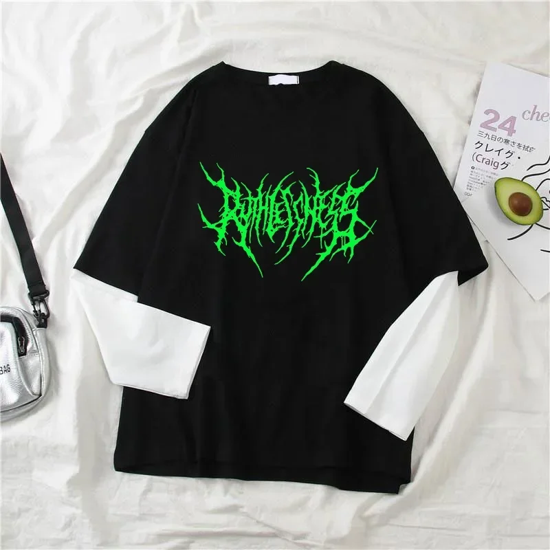 Fashion Punk Dark Style Printed Round Neck T-shirt Y2K Sport Harajuku Thin Women's Top Long Sleeves T Shirt Outdoor Loose Shirt 5