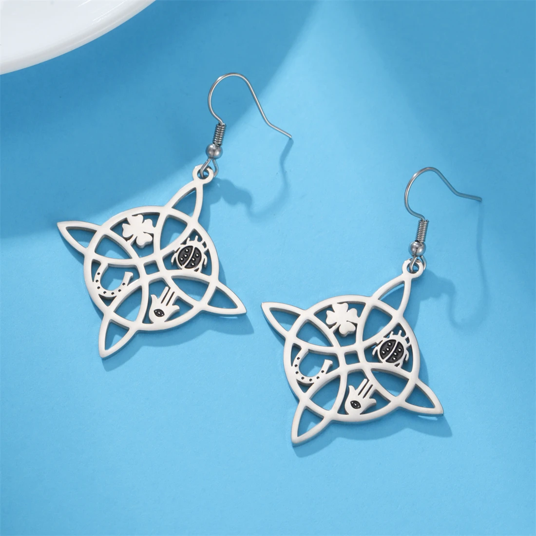 Edelstahl Hexenknoten Tropfen Ohrringe für Frauen Vintage Fatima Hand Klee Muster Baumeln Ohrringe Irisches Amulett Schmuck Geschenke – Detail 10