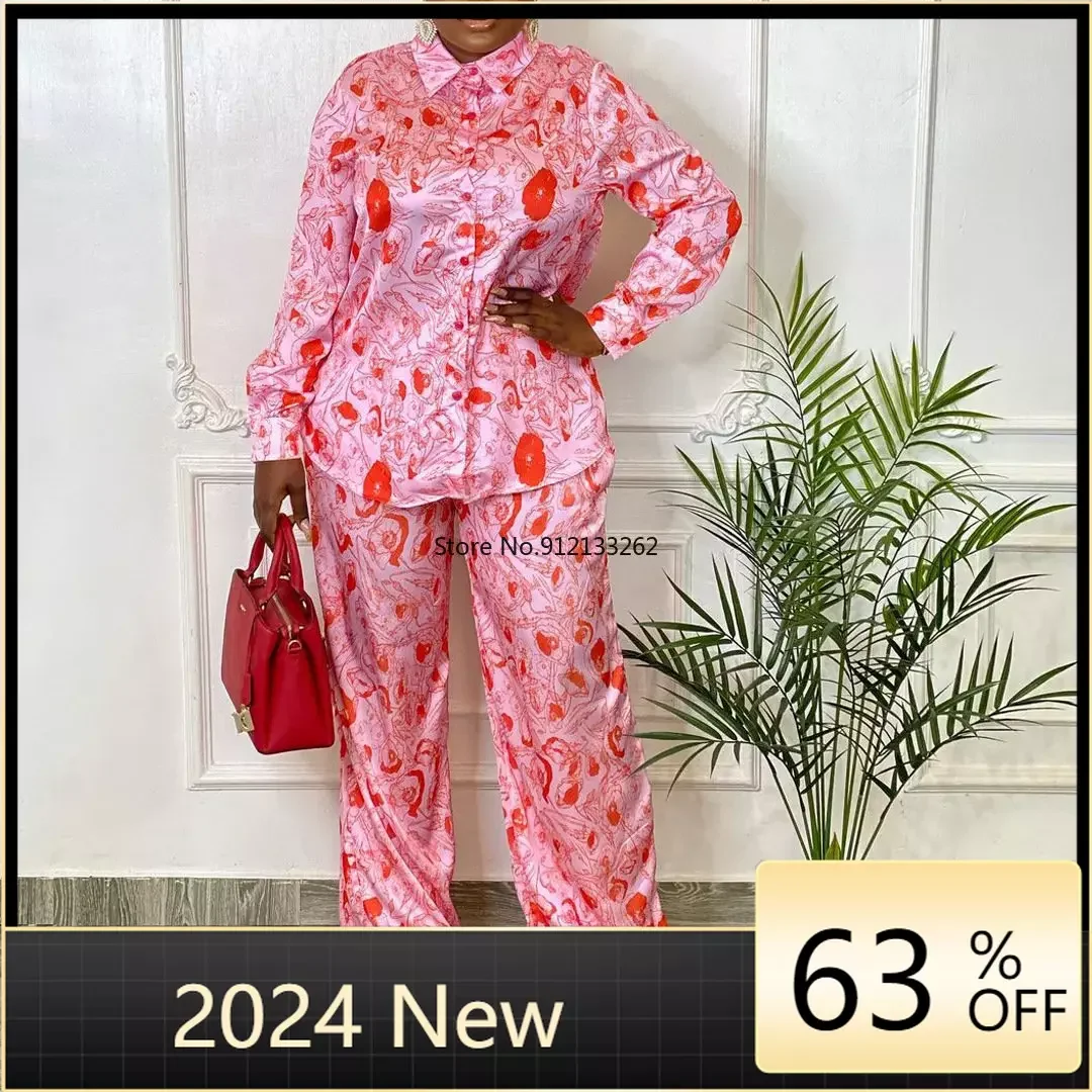 Elegant set for Women pink print High Waisted V Neck Fashion Luxury Evening Night Club Overalls Top and Long Pant