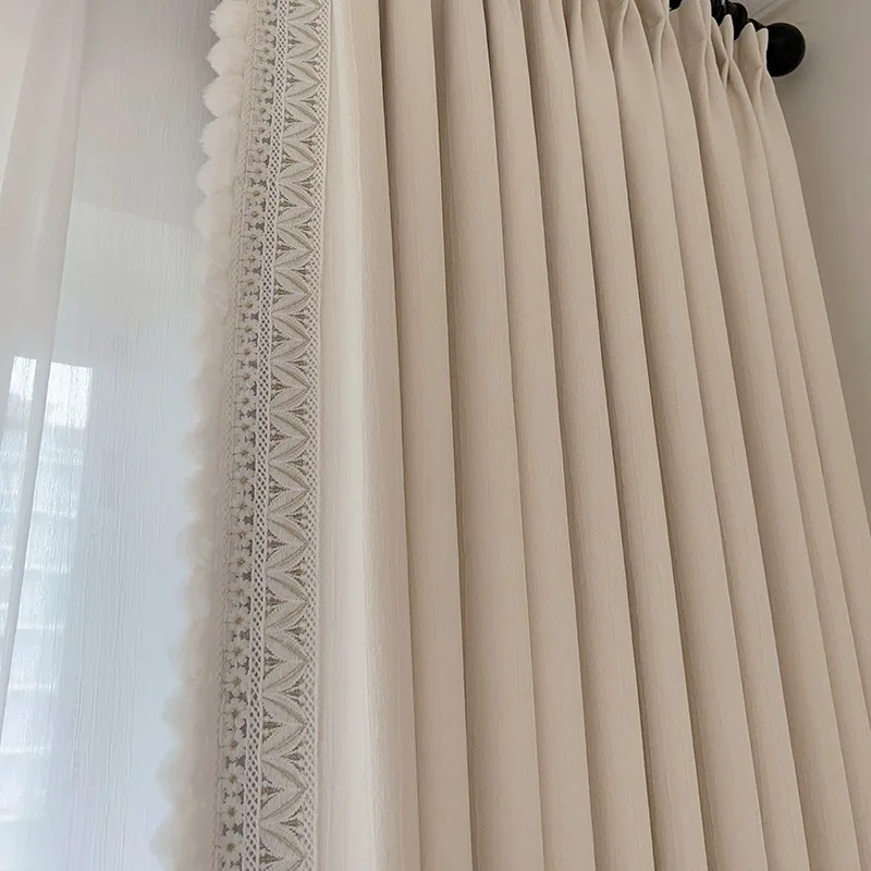 

Wrinkled chenille curtains blackout finished girly style embroidered fur ball living room bedroom bay window fabric