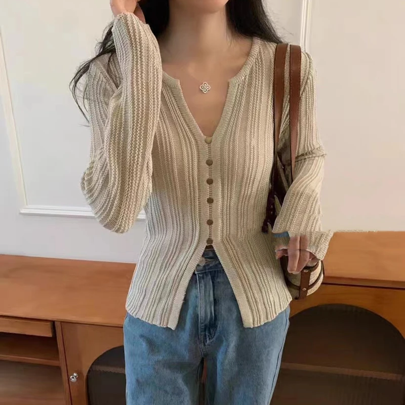 Women Knitted V Neck Long Sleeve Sweater