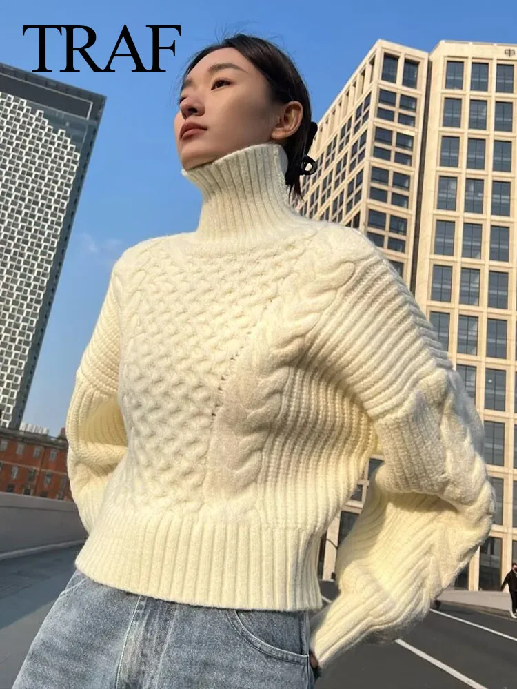 

TRAF 2024 Spring Woman Turtleneck Long Sleeve Casual Loose Sweater Cropped Tops Women Fashion Solid White Knitted Pullover