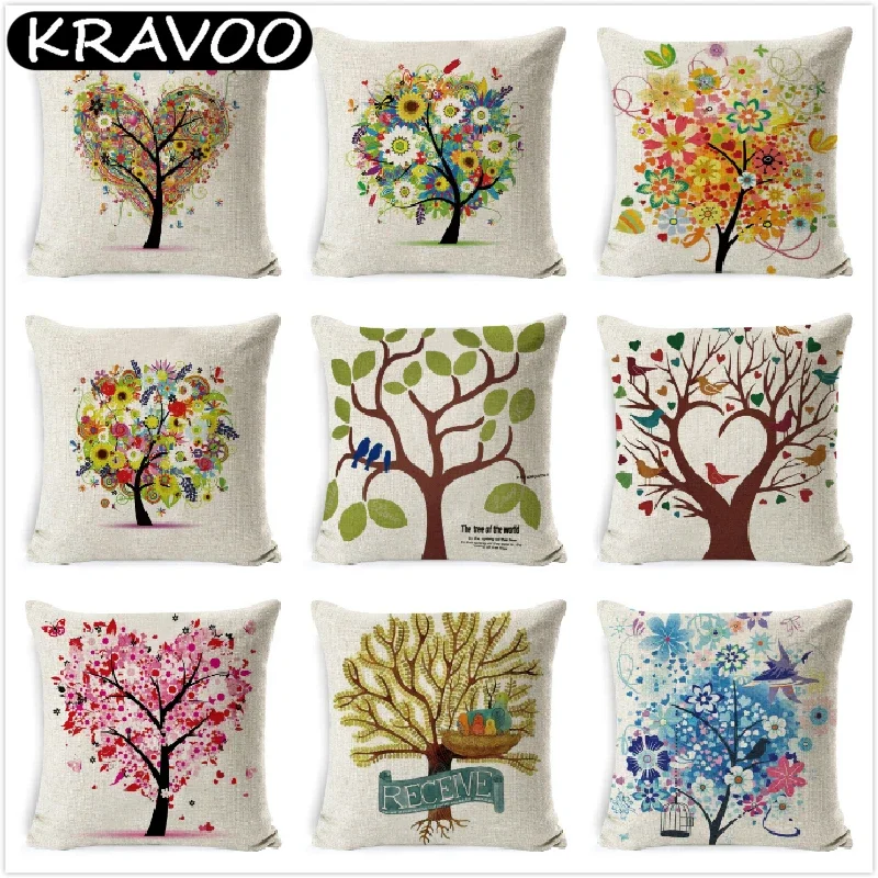 

Painting Tree Bird Cushion Cover Modern Home Decorative Throw Pillow Case Cotton Cushion Case For Sofa Home Decor Funda Cojines