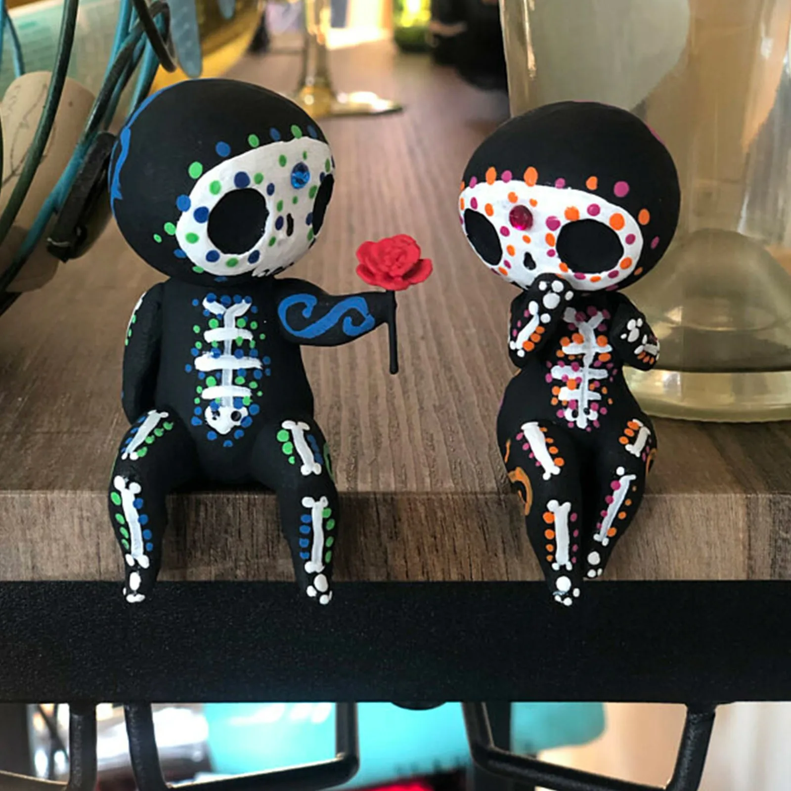 2pcs/set Lovers Couple Miniature Mini Doll Sugar Skull Couple Statue Cute Resin Crafts Home Decoration Accessories Ornaments