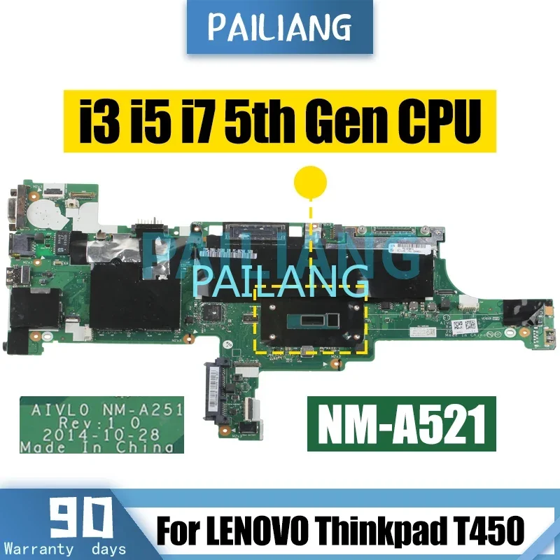 Placa-mãe para notebook lenovo thinkpad t450, aivl0 NM-A251 i3 i5