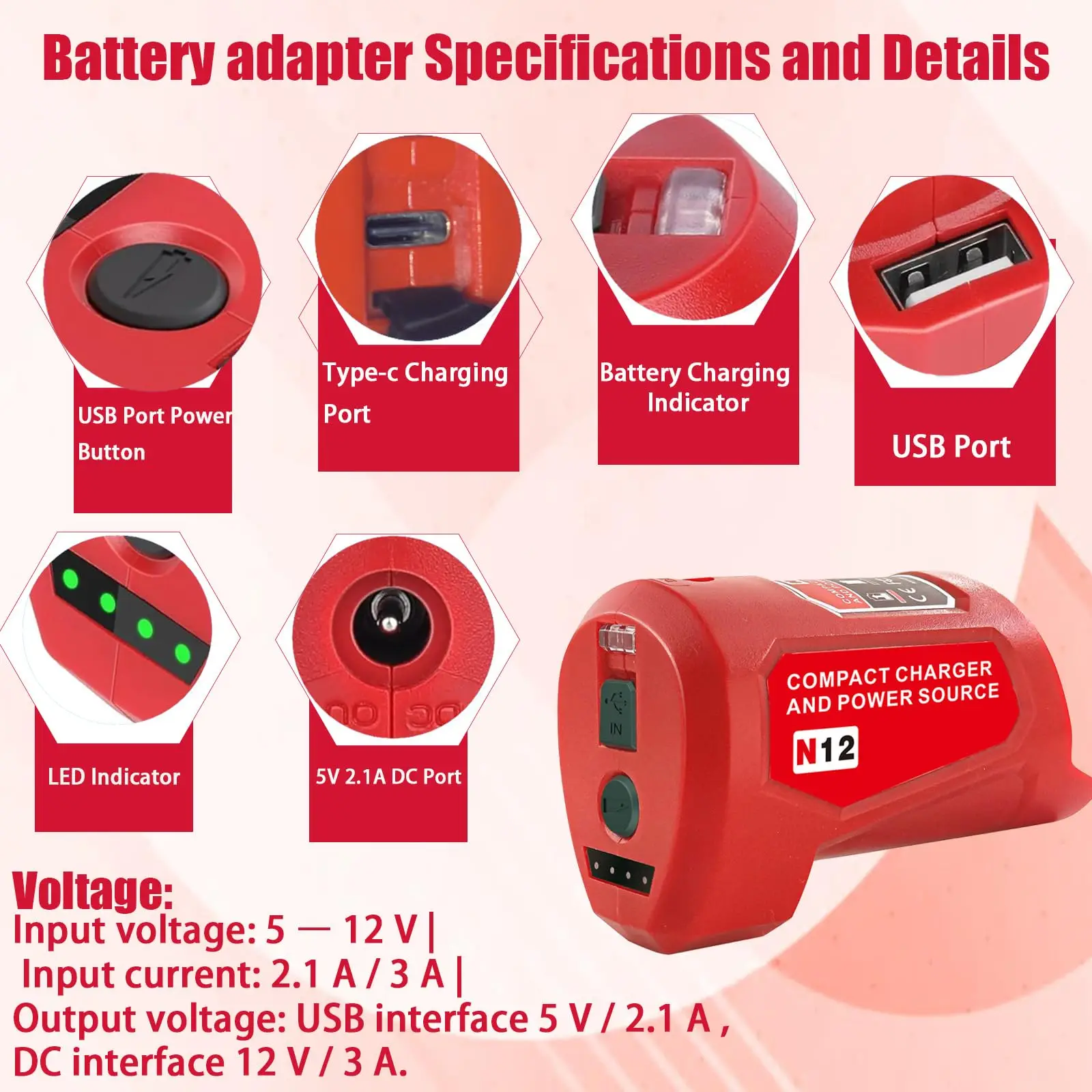 Akku-Adapter, kompatibel mit Milwaukee 12 V M-12 Li-Ion-Akku mit USB-DC-Anschluss, wird zum Aufladen von Mobiltelefonen und Jackenheizungen verwendet