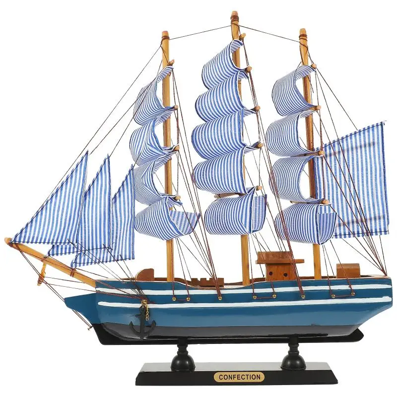 Sailing Boat Model  Home Decor Sailboat Ship Shaped Wooden Interior Decoration Figurine Student Office boats ships tall mast in blue Striped sails and wood