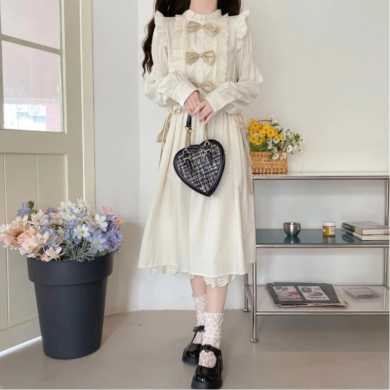 

French PFrench Eter Pan Collar Spring Autumn 2024 Long Sleeve Bow Sweet Midi Skinny A-Line Elegant Solid Color Ladies Dresses
