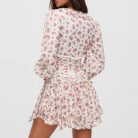 Mini robe à volants à imprimé floral Boho pour femmes, bouton avant, manches longues, col en V, robes de printemps, robe de vacances, courte, éducative, 2025 2