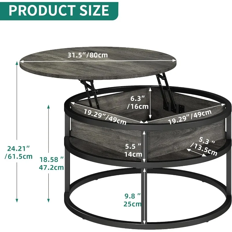 Round lift top coffee table, living room coffee table with hidden storage compartment, coffee table with storage, grey 2