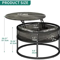 Round lift top coffee table, living room coffee table with hidden storage compartment, coffee table with storage, grey 2