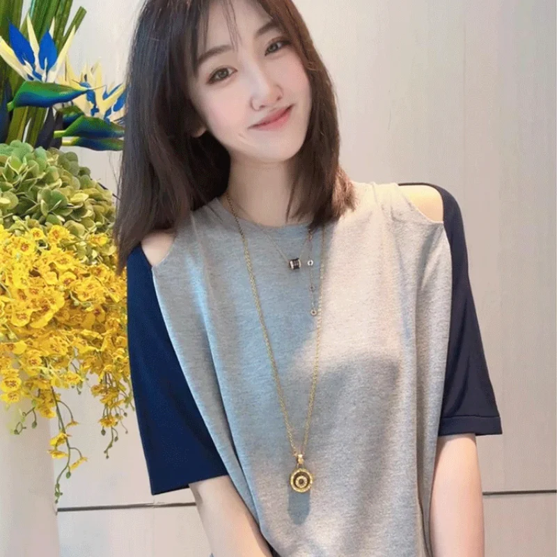 

LKSK Thin Ice Silk Knitted Sweater for Women with Short Sleeves New Popular Summer Loose and Slim Off Shoulder Top Summer Style