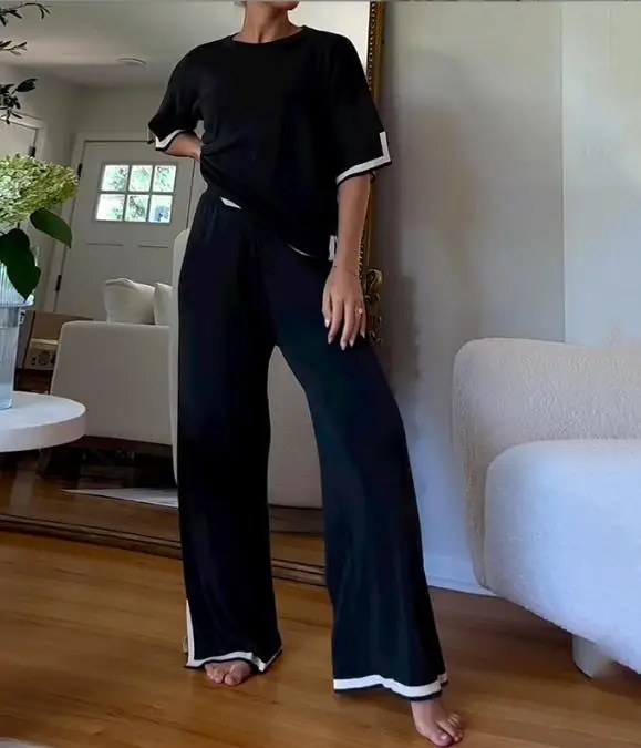 Women's Long Pants Set 2023 Spring Round Neck Short Sleeve Top and Straight Pants Set Home Solid Color Loose Two-Piece Set