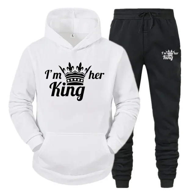 thumbnail image 1 of Chándal con estampado de QUEEN y KING para hombre y mujer, Sudadera con capucha para parejas, ropa deportiva para amantes, conjunto de 2 piezas, 1 of 5