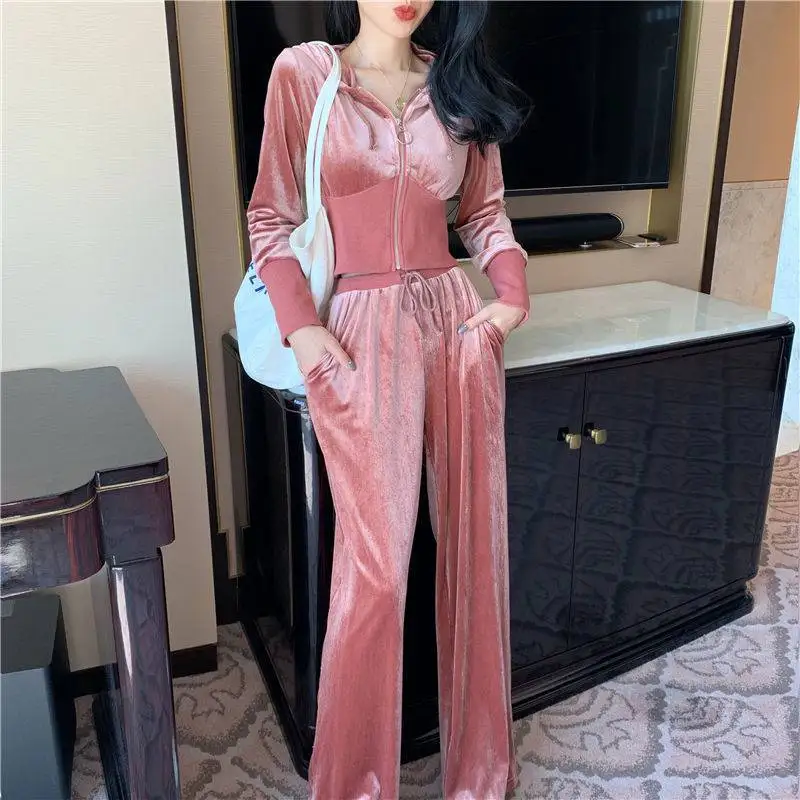 

Spring pleuche Two Piece Sets Women Zipper Tracksuit Trouser Suits Female Solid Hoodie Sportswear