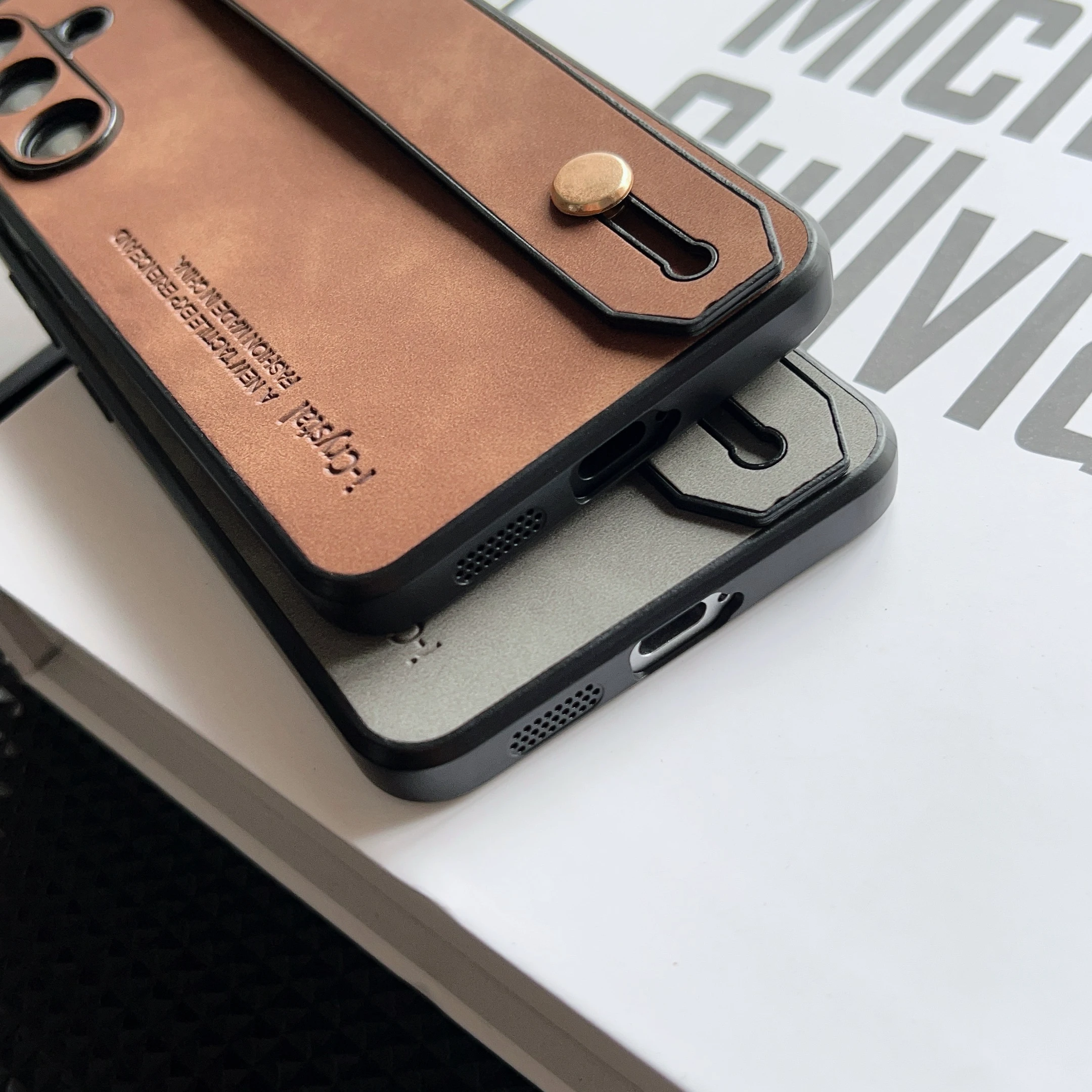 Luxury Sheepskin Leather Wrist Strap Phone Case - Shockproof Matte Hard Cover