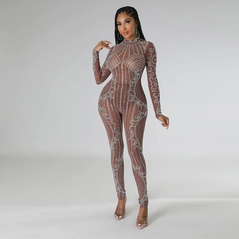 

Diamonds Sheer Mesh Jumpsuits for Women Sexy See Through Mock Neck Long Sleeve Skinny One Piece Overalls Club Party Rompers