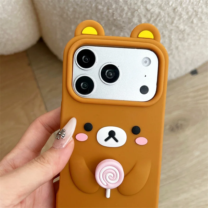 Cute 3D Rilakkuma Bear Spinning lollipop Phone Case For Xiaomi 17 Pro Max 15 14 Poco F7 F5 Pro Decompress Soft Silicone Cover 5