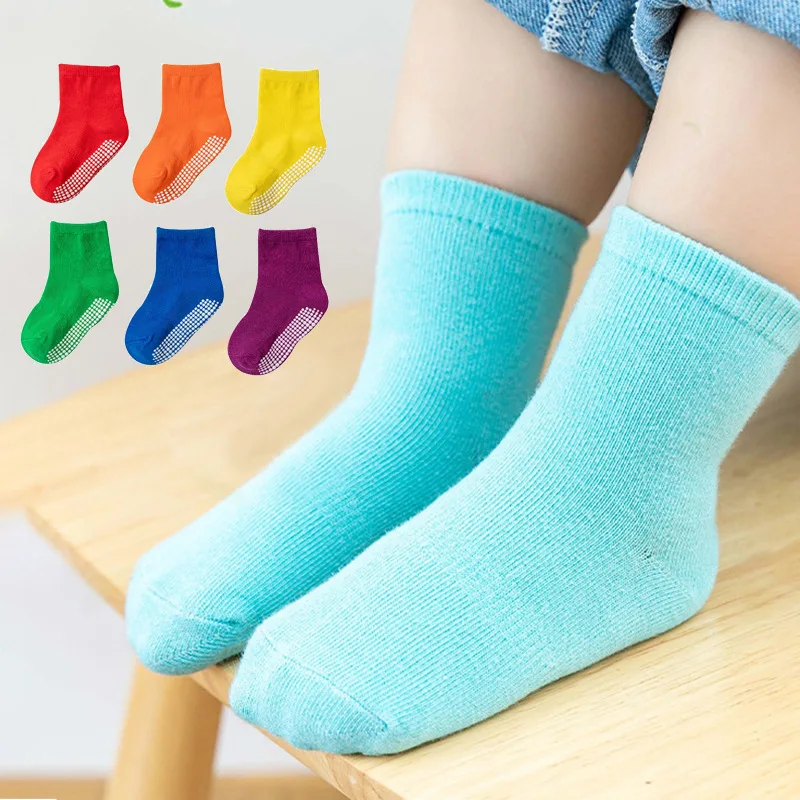 6 paare/los Frühling Herbst Kinder Anti-Rutsch-Socken einfarbig weiche atmungsaktive Baumwolle Babys Boots socken Jungen Mädchen Trampolin Socken