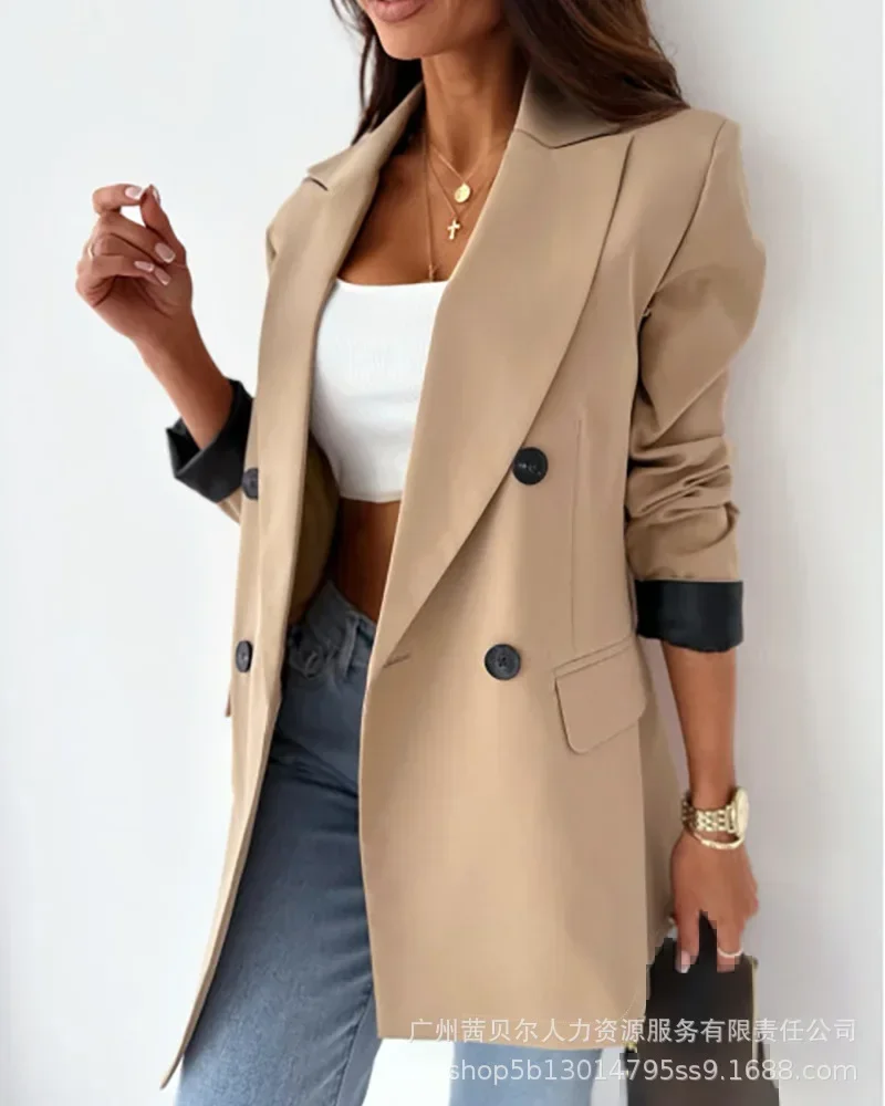 

Women Turn Down Collar Blazer Full Sleeve Coats Casual Notched Splice Double Breasted Office Lady Blazers Autumn Winter