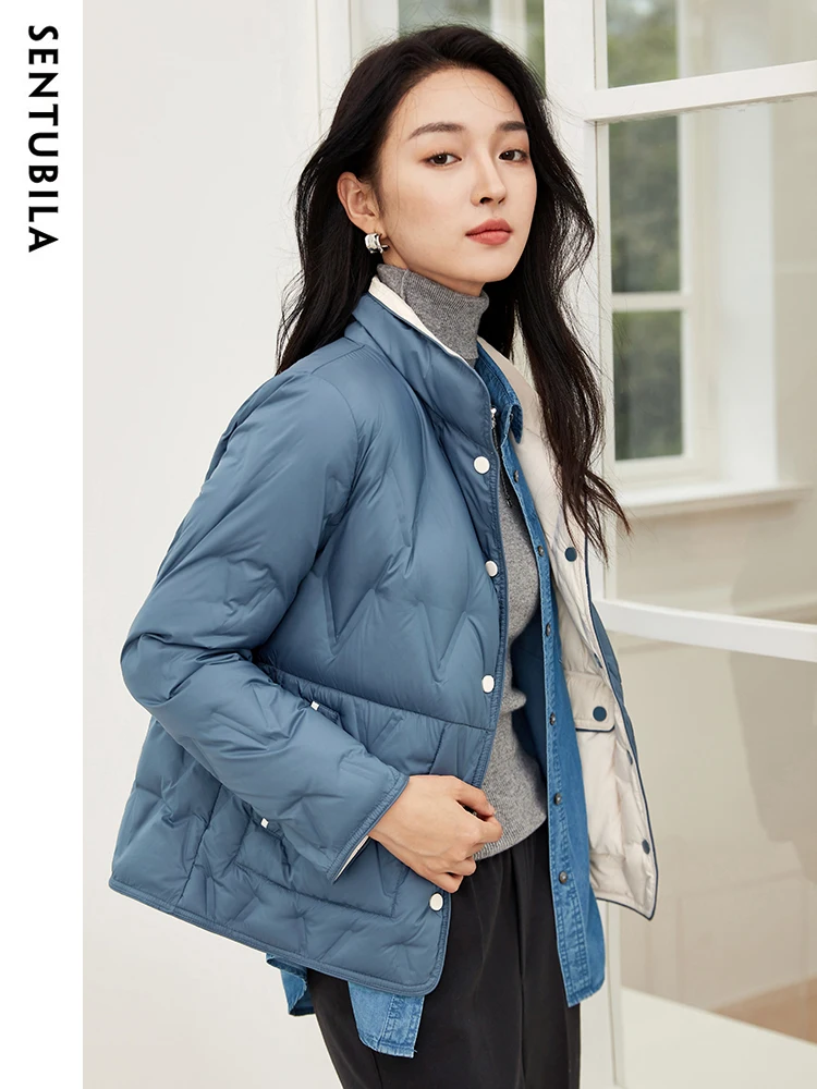 SENTUBILA Women's 90% White Duck Crop Down Jacket 2023 Winter Elegant Stand Collar Down Coat Reversible Wear Outwear W34Y49563