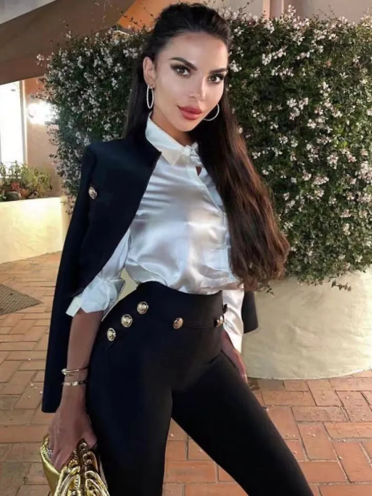 New Autumn Style Black Color Women Long Sleeve Button Rayon Bandage Coat Pants Fashion Women's Set High Street Celebrate Wear 3