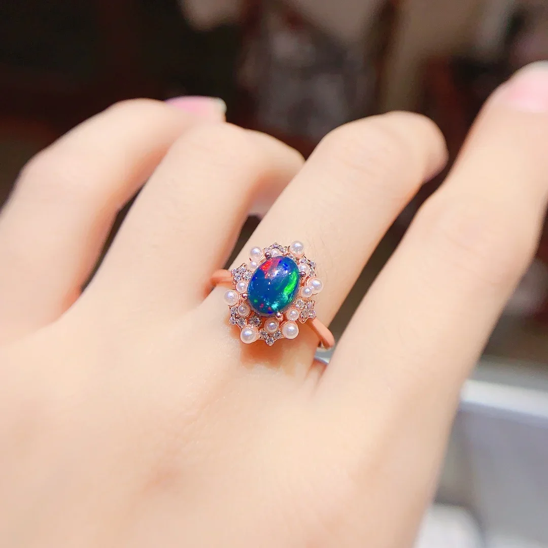 925 Sterling Silver Black Opal Natural Gem Jewelry Ring Women's Luxury Women's Necklace with free Christmas shipping