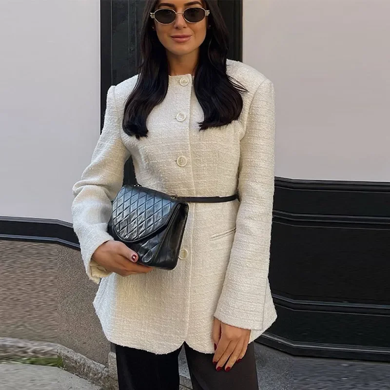 Elegante blazer de tweed para mujer, abrigo ajustado con cuello redondo y hombreras, chaqueta gruesa para mujer, ropa de oficina de primavera 2025