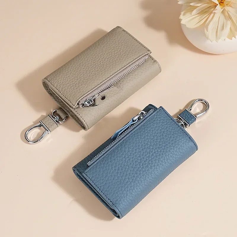 Genuine Leather Keychain Men Women Key Wallets Organizer Pouch Housekeeper Key Case Multi-function Waist hanging Bag