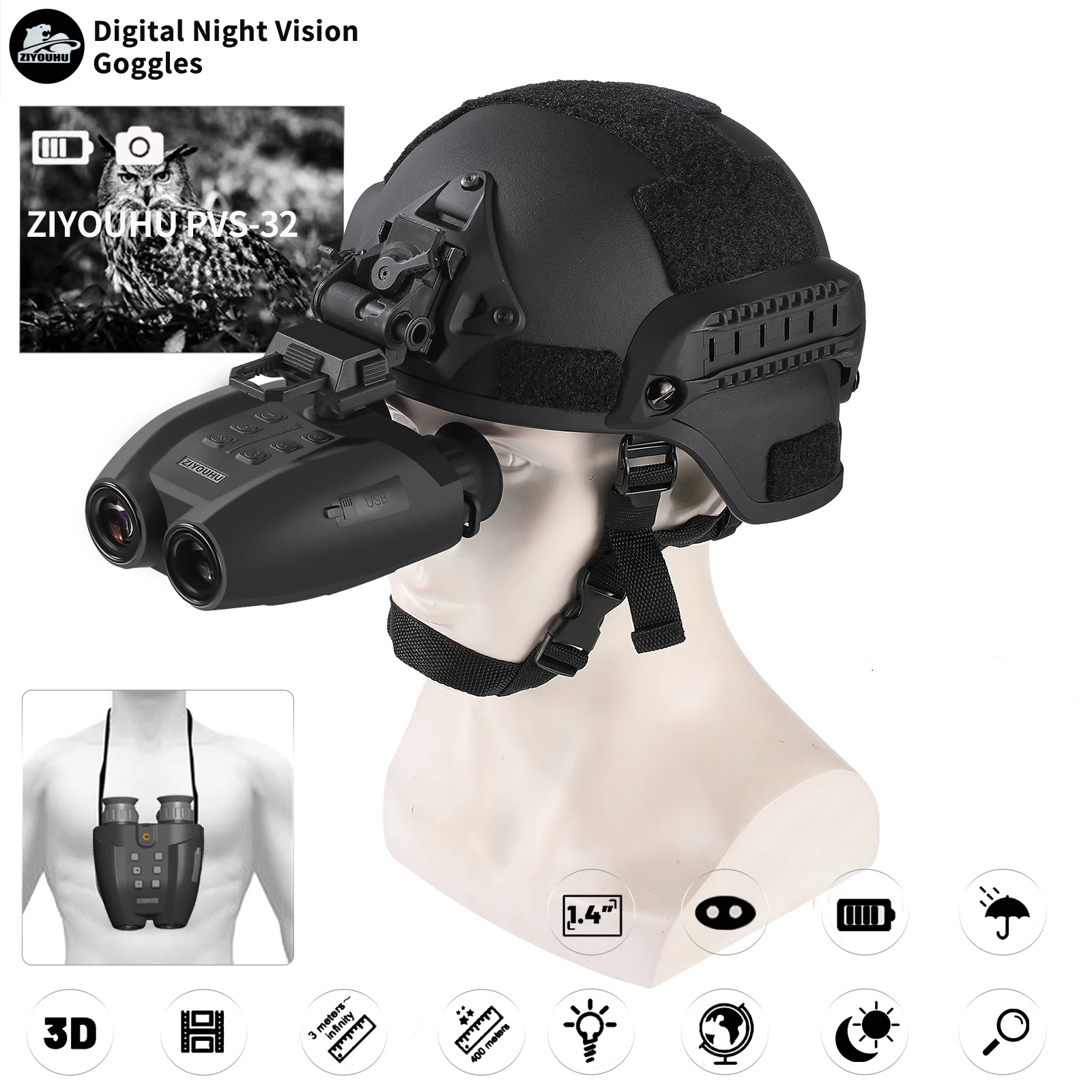 

New Tacticle Helmet Night Vision Goggles HD 1080P Video Camera 8X Zoom NVG Mount Head Mounted Hunting Infrared Night Binoculars