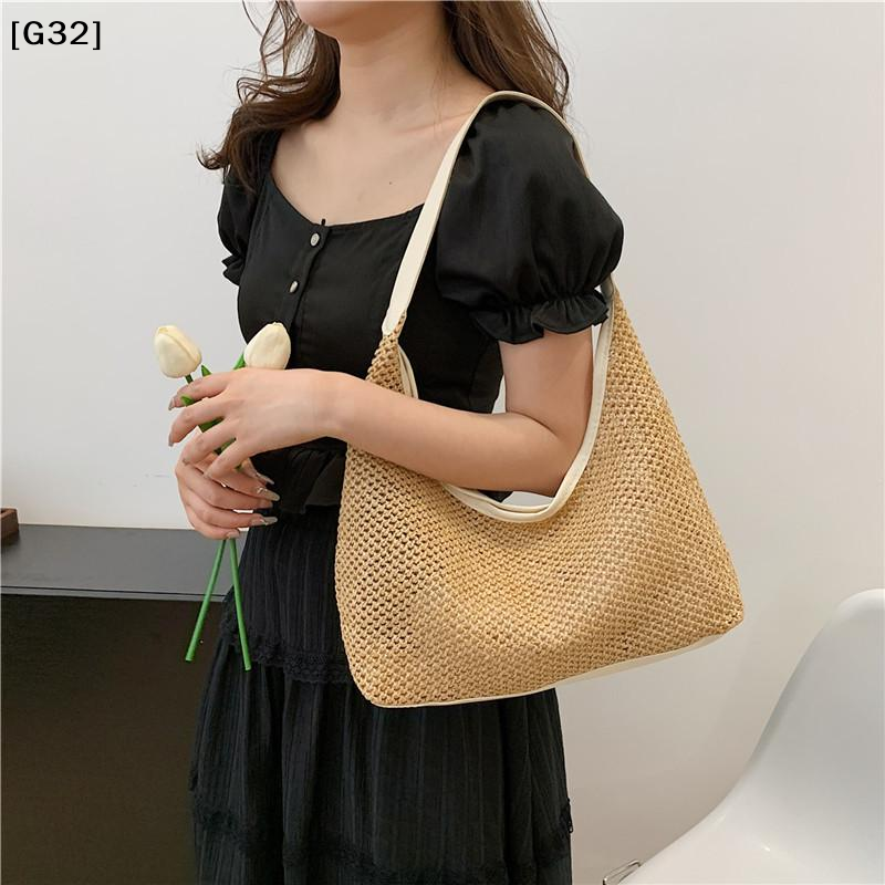 Woven Bag Casual Bucket Bag Straw Underarm Bag Large Capacity Solid Color Shoulder Bag Women Commuting Shoulder Bag[G32]