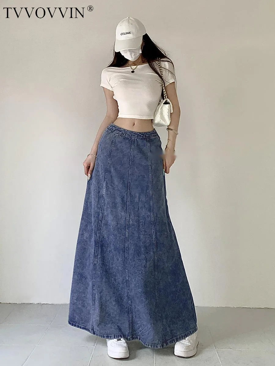 

New WOMENGAGA 2023 Spring Sweet Girl Half Dress Women's Summer Pleated High Waist Denim Long Dress American A-line Dress G12R