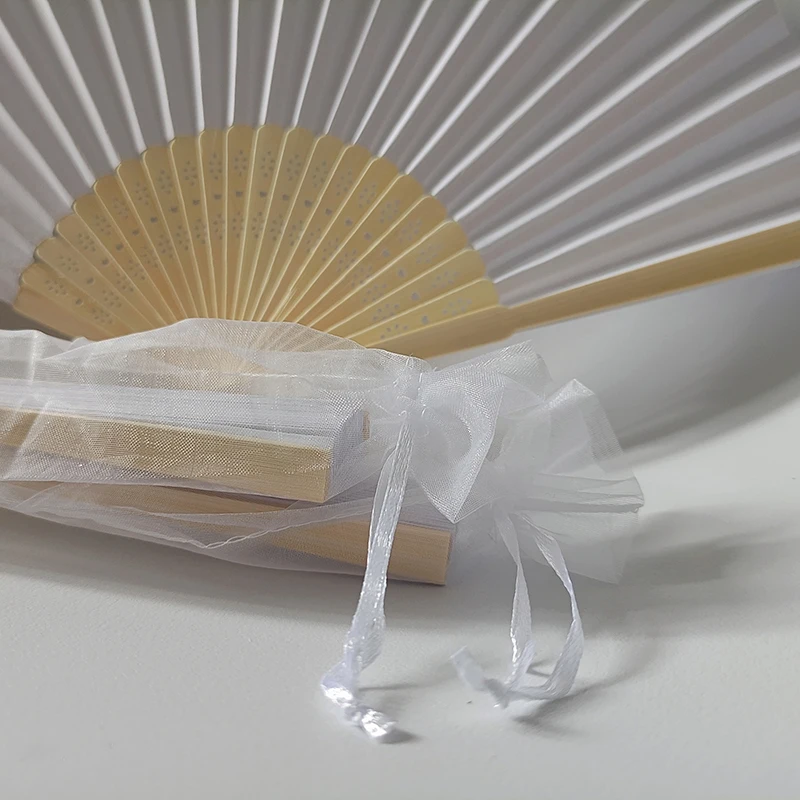 Personalized wedding fan white folding elegant paper hand fan wedding gift bride custom hand fan gift with organza bag