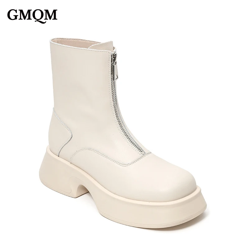 

GMQM Women's Genuine Leather Ankle Boots New Autumn Platform Chelsea Boots Fashion Front Zipper British Style Women Short Boots