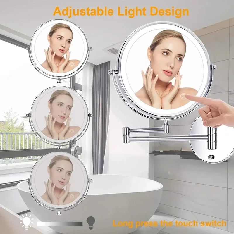 8 inch Makeup Mirror Chrome 3x/5x/7x/10x Magnifying Double Side USB Charging Bathroom 3 color light Smart Cosmetic Mirrors