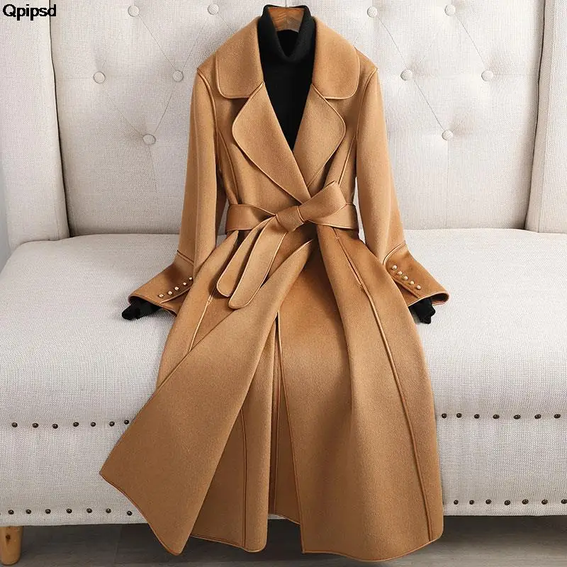 

Patchwork Long Double sided 100% wool coat women 2023 spring autumn slim elegant jacket Korean Fashion casaco feminino