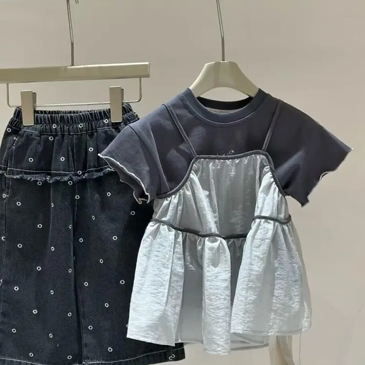 Girls' summer outfit set short sleeved camisole skirt jeans three piece set for children kids denim jeans