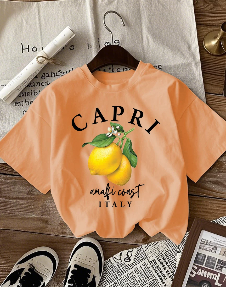Italian Lemon Print Women's Cotton T-Shirt - O-Neck Short Sleeve Trendy Loose Streetwear Summer Top