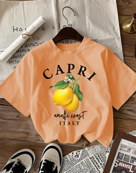 Italian Lemon Print Women's Cotton T - Shirt - O - Neck Short Sleeve Trendy Loose Streetwear Summer Top - XXXL (Sun Orange)