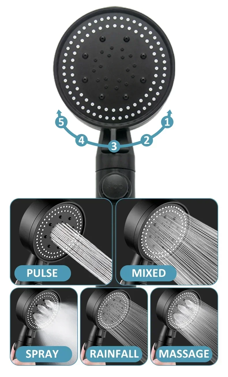 Shower Head Water Saving 5 Modes Adjustable High Pressure Showerhead Handheld Spray Nozzle Bathroom Accessories