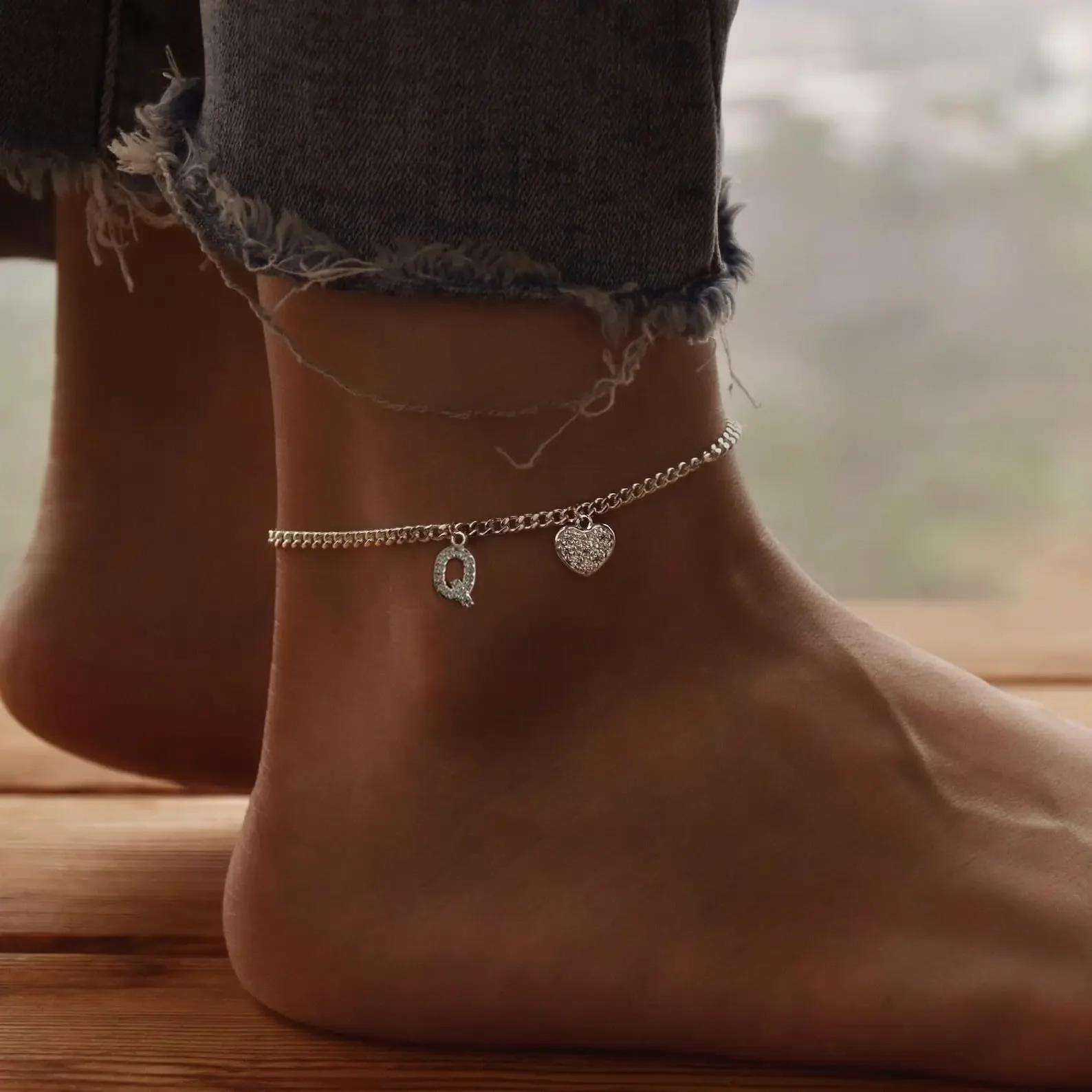 Initial Stainless Steel Anklet For Women Crystal Letter Heart Silver Color Chain Ankle Bracelet Summer Jewelry Accessories 26