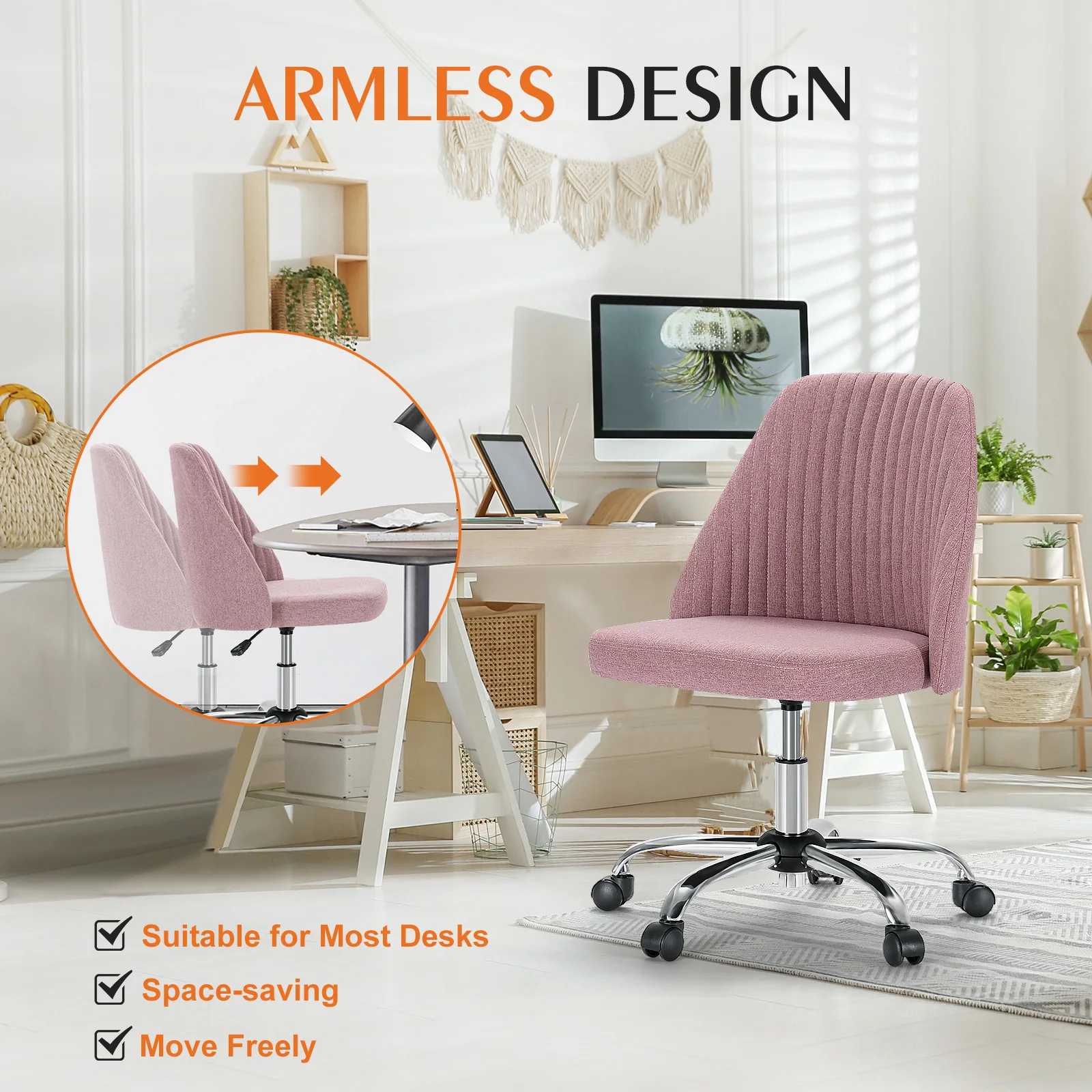 JHK Armless Small Desk Office Chair Cute Vanity Swivel Chair with Back Modern Fabric with Wheels Swivel Task Home Gaming Chair 6