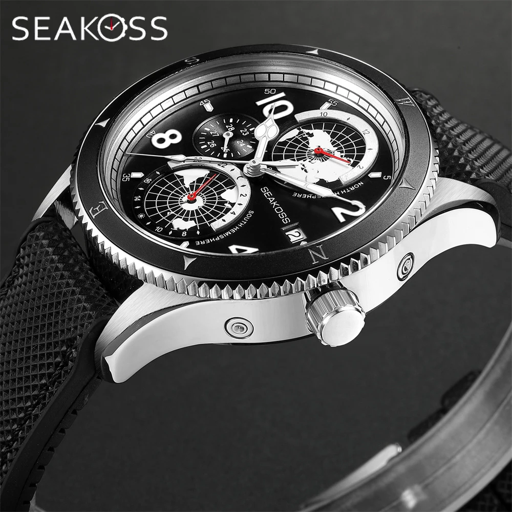 

SEAKOSS Fully Automatic Mechanical Dive Mens Watch Sud Nord Hemispheres Year Month 24Hours Display FKM Super Luminous Wristwatch