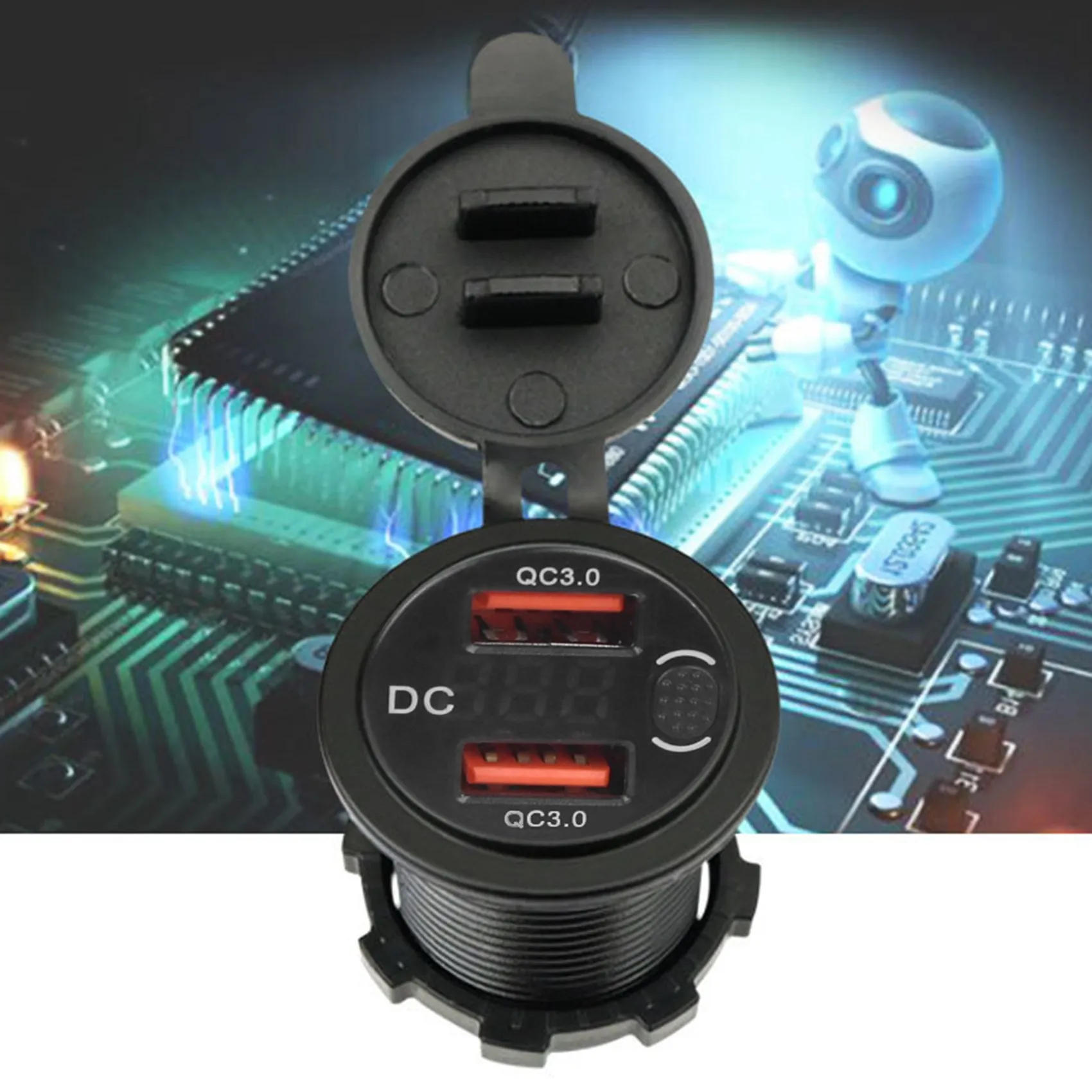 차량용 고속 충전 듀얼 QC3.0 USB 충전기 소켓, 단추 스위치 LED 전압 디스플레이, 파란색 고속 충전